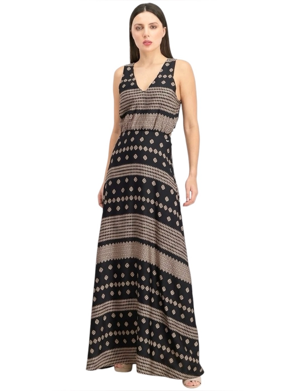 AVEC LES FILLES Boho Black Printed Cutout Lace-Up Back Maxi Dress - Size Medium